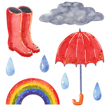 Cloud With Raindrops, Umbrella, Rubber Boots, Rainbow, Hand Drawn Watercolor Illustration Isolated On White.