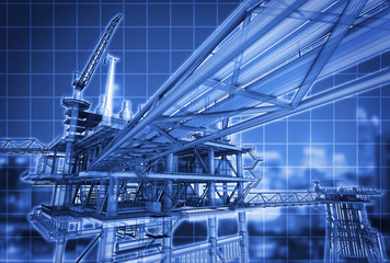 Blue screen computer scan oil rig building,3D rendering