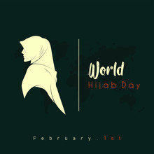 World Hijab Day On February 1, Hijab Girl Women Head Cover Look From Side, Vector Logo Design Template