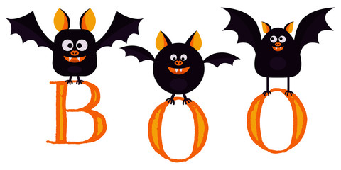 Flat design vector illustration, cartoon cute smilling black bats fly with letters boo in paws isolated on white background.