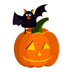 Sticker - Vector flat cartoon style halloween design element - orange pumpkin jack lantern with light inside and cute black bat