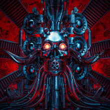 Heavy Metal Dreams / 3D Illustration Of Science Fiction Scary Robotic Skull Artificial Intelligence Hardwired To Computer Core