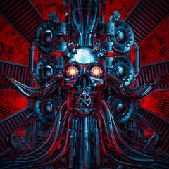 Wall Mural - heavy metal dreams / 3d illustration of science fiction scary robotic skull artificial intelligence 