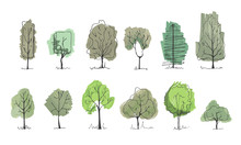 Drawing Trees For Landscape Design. Vector Illustration, Hand Drawn. Set Of Tree Sketches Isolated On White.