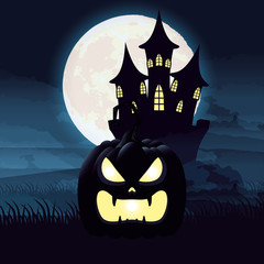 Poster - halloween dark night scene with pumpkin and castle