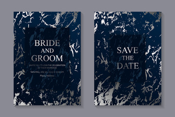 Set of modern geometric luxury wedding invitation design or card templates for business or presentation or greeting with silver marble or paint splashes on a navy blue background.