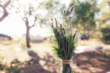 Wall Mural - Delicate bouquet of autumn flowers backlit.