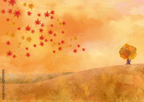 丘 大地 夕焼け 景色 秋 空 自然 背景 水彩 手描き 紅葉 大木 樹木 木 Stock Vektorgrafik Adobe Stock