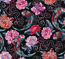 Beautiful Trendy Japanese Pattern In Tattoo Style. Seamless Wallpaper With Asian Flowers And  Koi