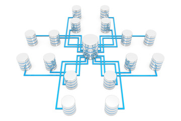 Network database concept with hosting data devices connected. 3d render