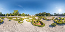 Full Seamless Spherical Hdri Panorama 360 Degrees Angle View Of City Park Near Courtyard Restored Medieval Castle With Sculptures  Equirectangular Projection With Zenith And Nadir. For VR Content