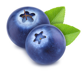 Poster - Group of ripe sweet blueberries with leaves isolated on white background.