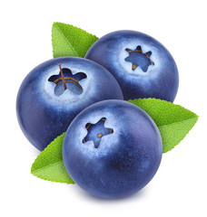 Poster - Group of ripe sweet blueberries with leaves isolated on white background.