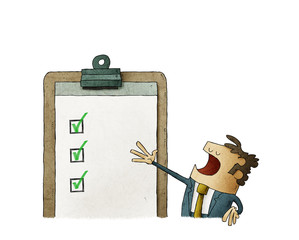 Business man next to a clipboard with checklist. Successful completion of business tasks. isolated