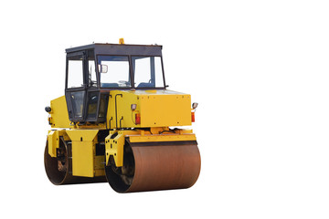 Road roller isolated on a white background. Back view. Used asphalt compactor. Copy space