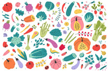 Collection Of Colored Hand Drawn Fresh Vegetables Isolated On White Background. Big Bundle Of Tasty Vegetarian Products, Wholesome Healthy Food. Flat Cartoon Doodle Vector Illustration, Farming Market