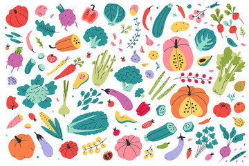 Collection of colored hand drawn fresh vegetables isolated on white background. Big bundle of tasty vegetarian products, wholesome healthy food. Flat cartoon doodle vector illustration, farming market