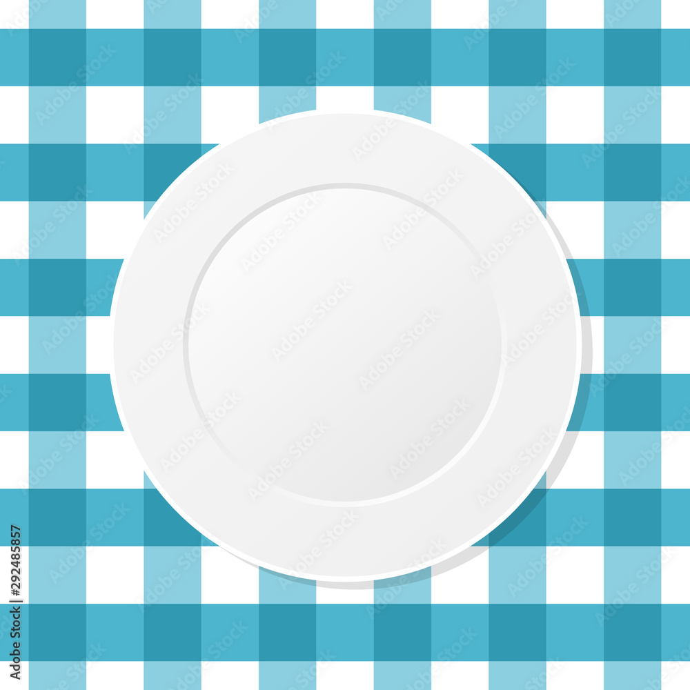 White plate on a blue checkered tablecloth. Empty dish on a kitchen table  cloth. Seamless pattern. Table setting for dinner. Meal, plaid blue table  cover. Top view. Vector illustration, flat,clip art. Stock, image size:1000x1000