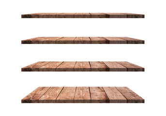 Wall Mural - a collection of brown wooden shelves on a white background that separates the objects. there are cli