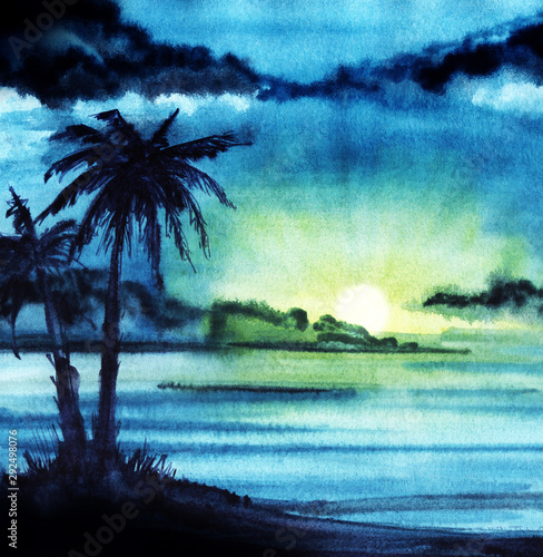 Abstract Watercolor Landscape Dark Evening Night Sky Slouds Gradient From Saturated Blue To Green Yellow Sunset Sun Silhouette Two Tall Palm Trees Hand Drawn Watercolor Background Illustration Buy This Stock Illustration