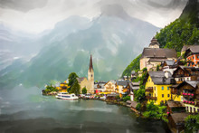 Hallstatt, Austria. Mountain Village In The Austrian Alps - Watercolor Style.