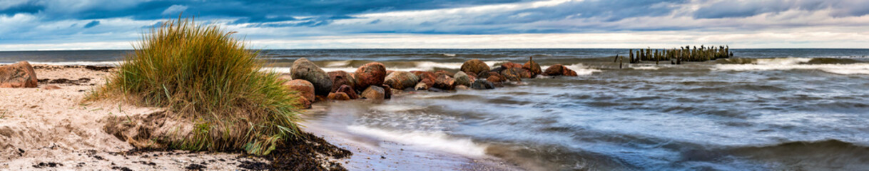  Panorama. Remains of old abandoned pier, Baltic Sea