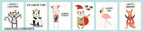 Collection of greeting cards with cute animals doing winter, Christmas activi...