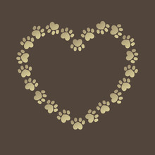 Paw Prints Animal Heart Shape Golden Frame Border With Copy Space For Your Text. Golden Heart Of Animal Paw Prints Design Pattern For Posters, Covers, Labels.