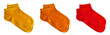 Set of short socks yellow, orange, red isolated on white background with clipping path for winter season. Top view. Pair of trendy woman cotton sock object for clothing. Beauty and fashion concept.