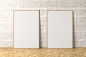 Blank interior poster mock up with wooden frame