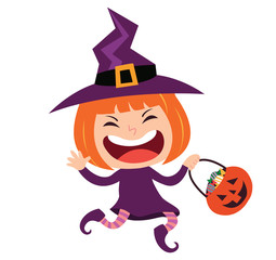 Wall Mural - Cute little witch kid vector cartoon character. Kid in halloween costume.