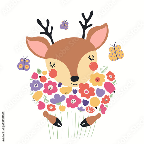 Hand drawn vector illustration of a cute deer holding a bouquet of flowers, w...