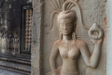 Bas-relief Mural Of The Woman Apsara On Wall Angkor Wat Temple Complex, Close Up