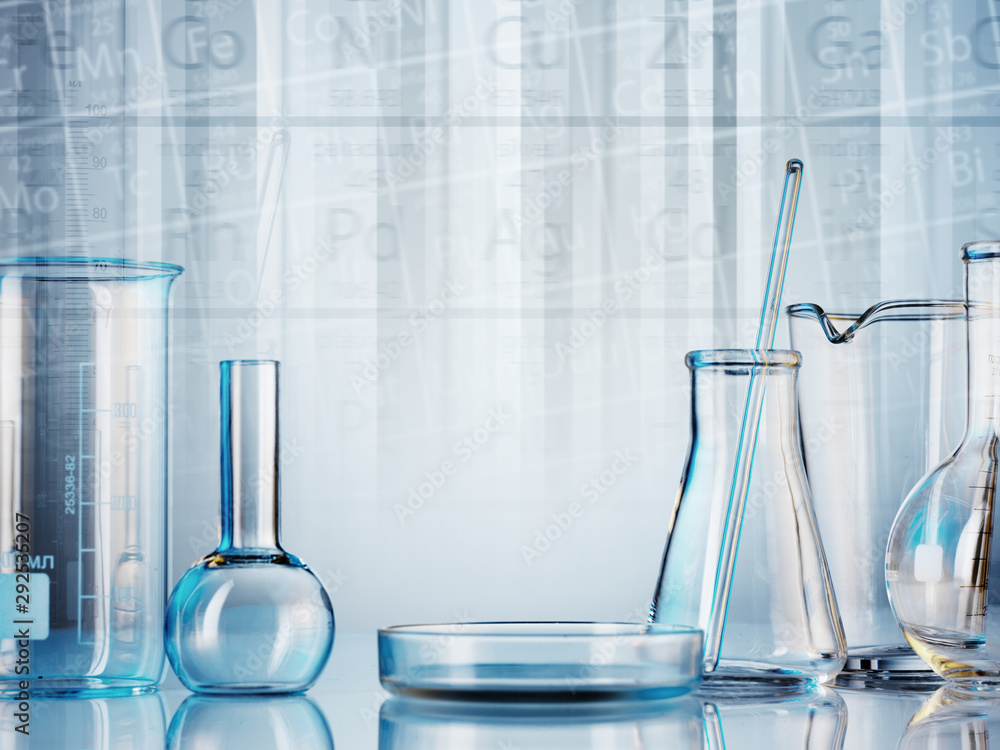 microscope with lab glassware, science laboratory research and ...