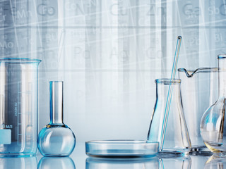 Wall Mural - microscope with lab glassware, science laboratory research and development concept