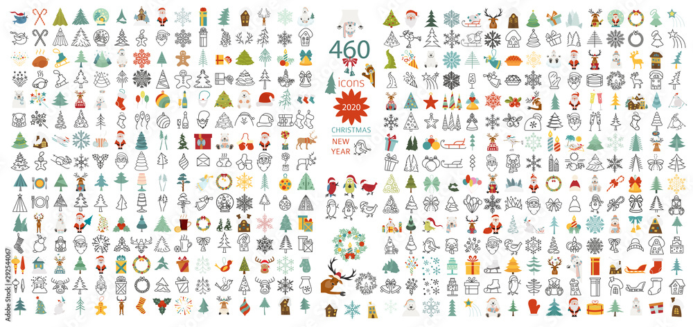 Christmas, New Year holidays icon big set. Flat style collection - obrazy, fototapety, plakaty 