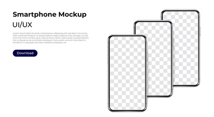 Three phones in a row realistic smartphone template mockup for user experience presentation. Stylish concept design for websites, applications and landing pages.