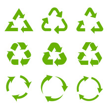 Set Of Green Recycle Arrows Icons On A White Background In A Flat Design