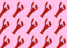 Freshly Boiled Red Lobsters In Pattern On Pink Background. Image