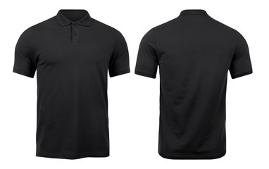 black polo shirts mockup front and back used as design template, isolated on white background with c