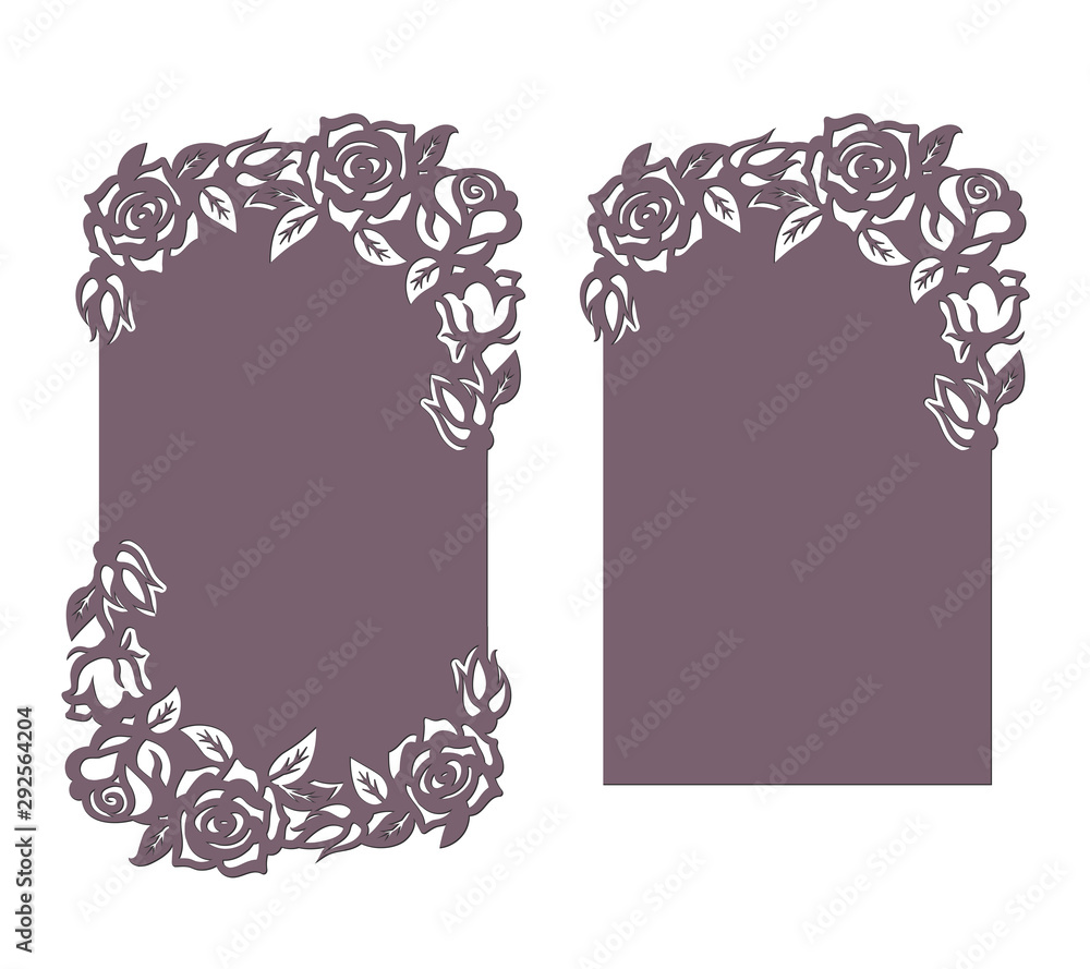 Wedding invitation card with lace floral frame at vintage style. Laser  cutting template of openwork vector silhouette. For envelope with ornate  ornament of roses. Decorative design of flower pattern. Stock Vector |, image size:1000x889
