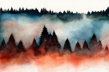 fog in the forest. Christmas trees. needles. pine trees. autumn winter. watercolor