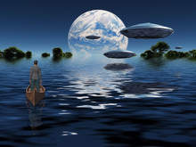 Flying Saucers Flies Above Ocean On Water Planet. Green Forest At The Horizon. Man In Wooden Boat