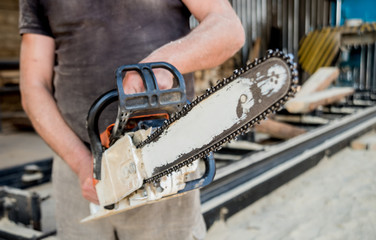 Wall Mural - Woodcutter cutting tree with chainsaw on sawmill. Modern sawmill. Industry sawing boards from logs.