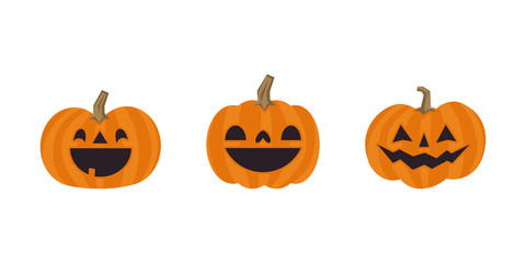 Set of cute halloween pumpkins with funny faces. Vector illustration.