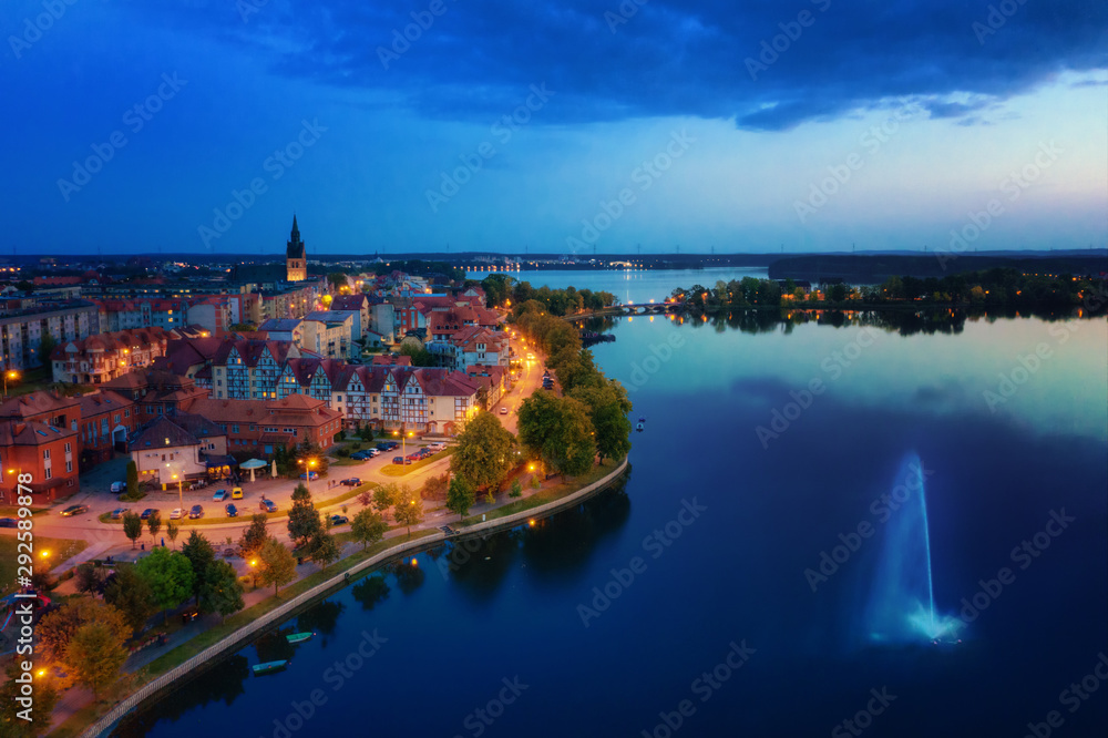 Elk Lake in the evening. Aerial view. Masuria, Poland. - obrazy, fototapety, plakaty 