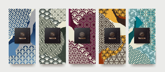 Vector set packaging templates japanese of nature luxury or premium products.logo design with trendy linear style.voucher, flyer, brochure.Menu book cover japan style vector illustration.