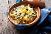 Mexican Poblano Rajas With Potatoes And Sour Cream In Clay Cazuela
