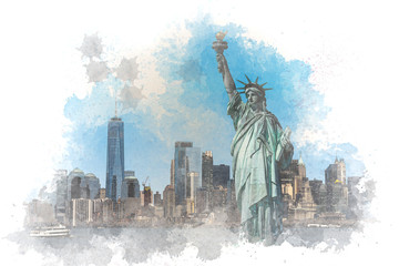 Fototapete - Digital Watercolor The Statue of Liberty over the Scene of New York cityscape river side which location is lower manhattan,Architecture and building with tourist, illustration and art concept