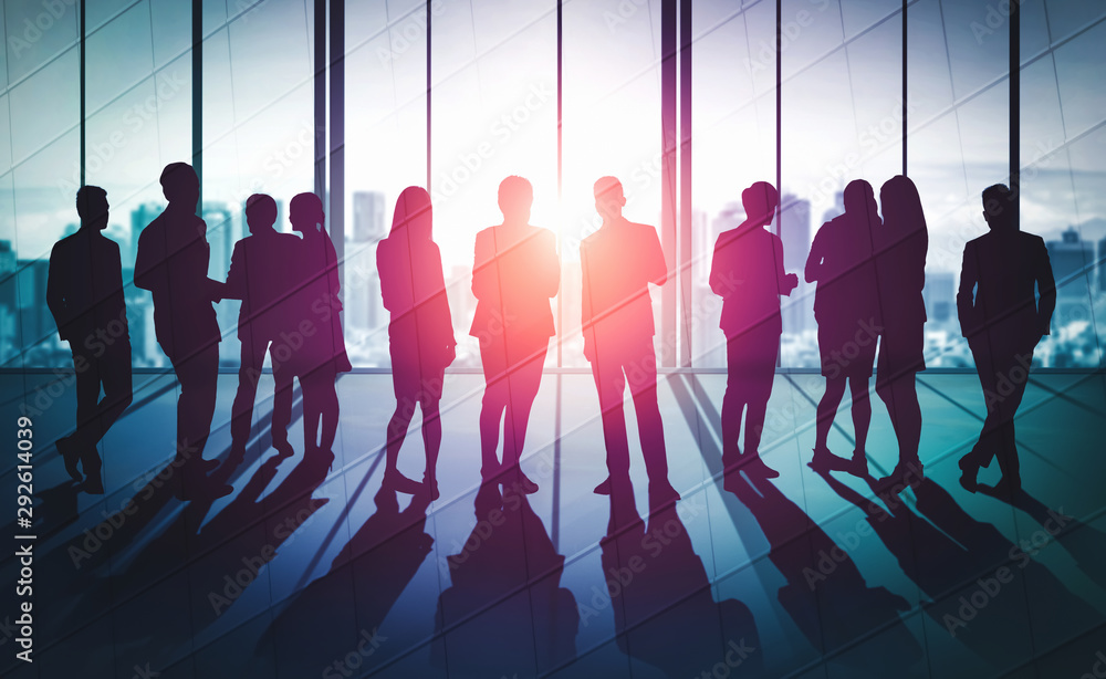 Double exposure image of many business people conference group meeting ...